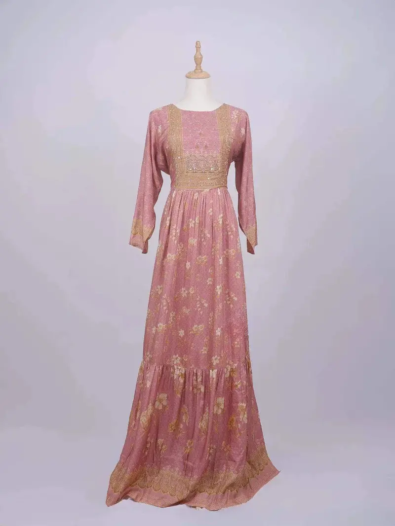 Peach Cotton Long Kurti Top Adorned With Sequins And Flower Design Prints Without Dupatta 1