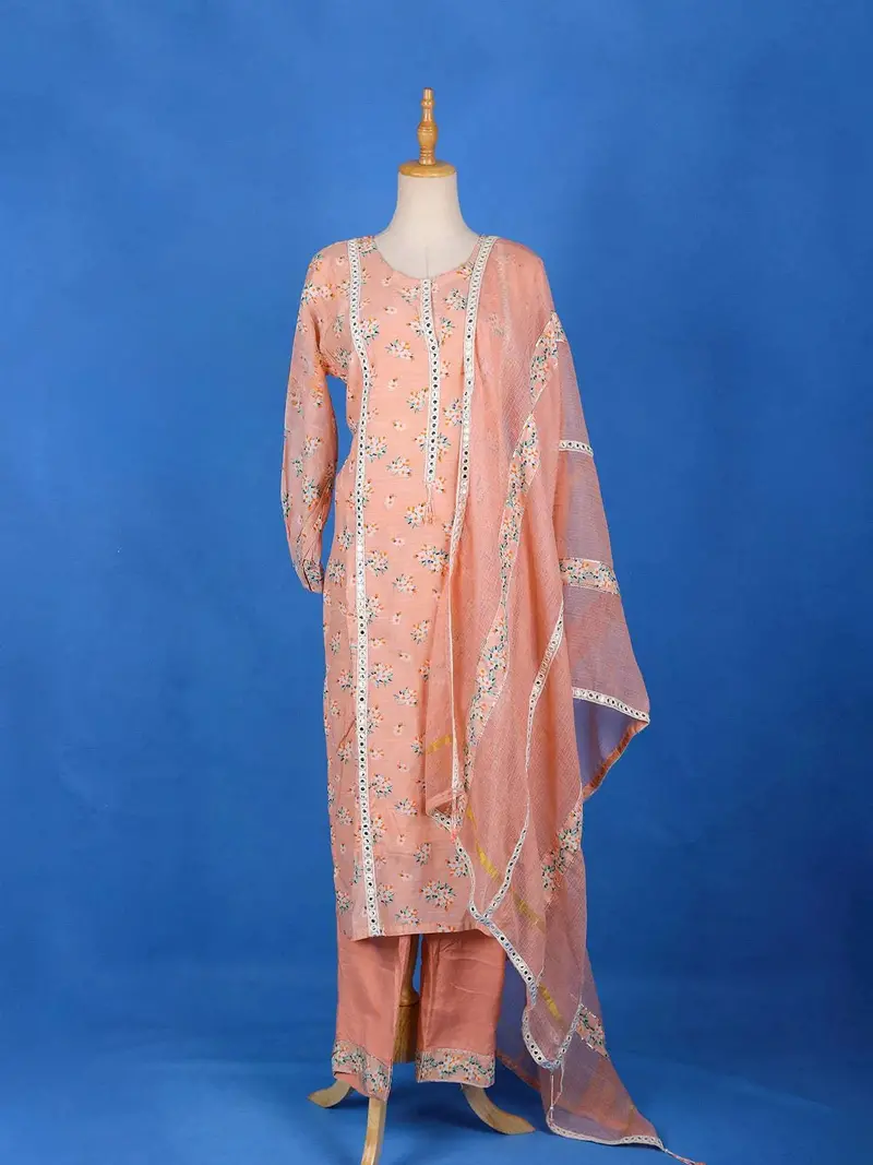 Peach Cotton Straight Cut Salwar Suit For Girls Adorned With Floral Prints And Mirror Work, With Dupatta 1