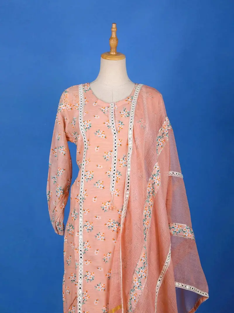 Peach Cotton Straight Cut Salwar Suit For Girls Adorned With Floral Prints And Mirror Work, With Dupatta 2