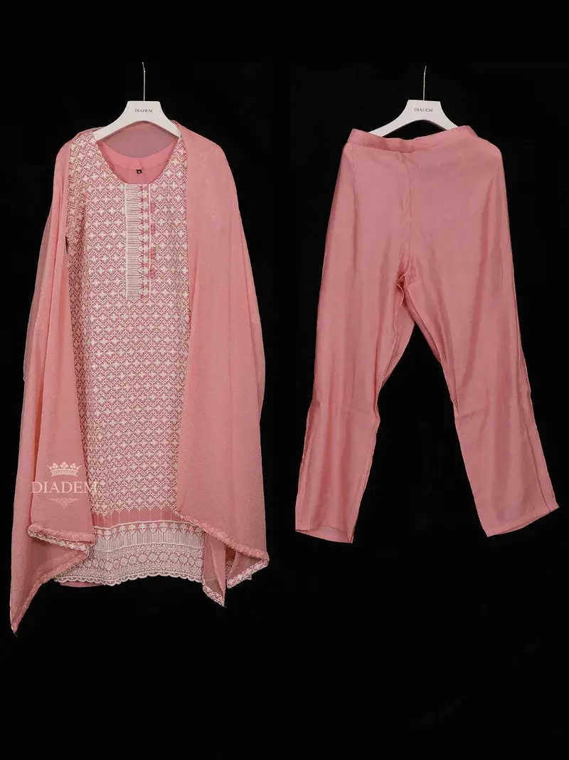 Peach Cotton Straight Cut Salwar Suit For Girls Adorned With Floral Threadwork Embroidery, Paired With Dupatta 1