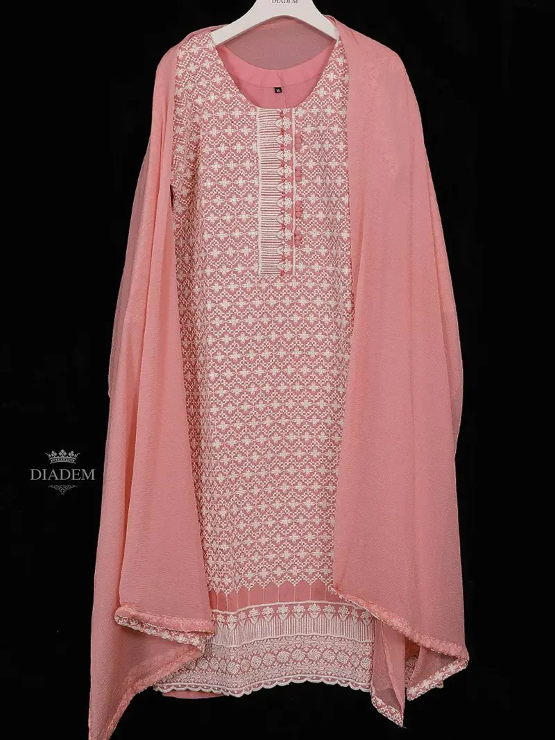 Peach Cotton Straight Cut Salwar Suit For Girls Adorned With Floral Threadwork Embroidery, Paired With Dupatta 2