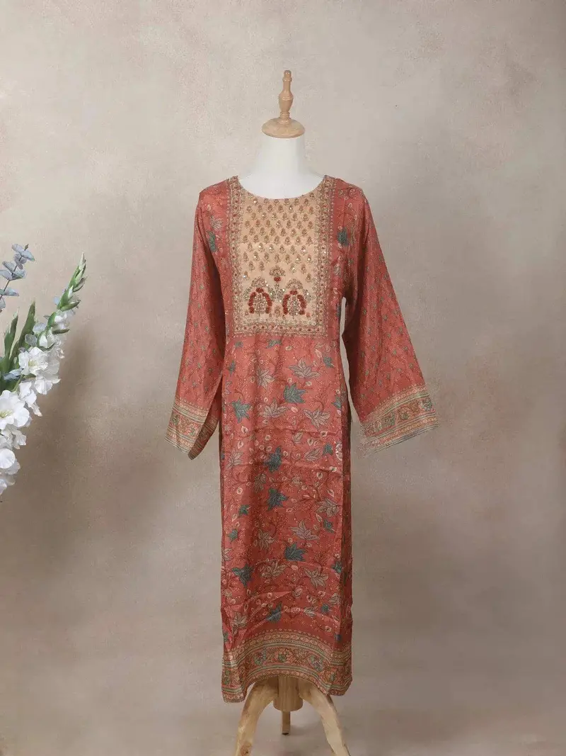 Peach Crepe Kurti Top Adorned With Sequins With Floral Prints 1