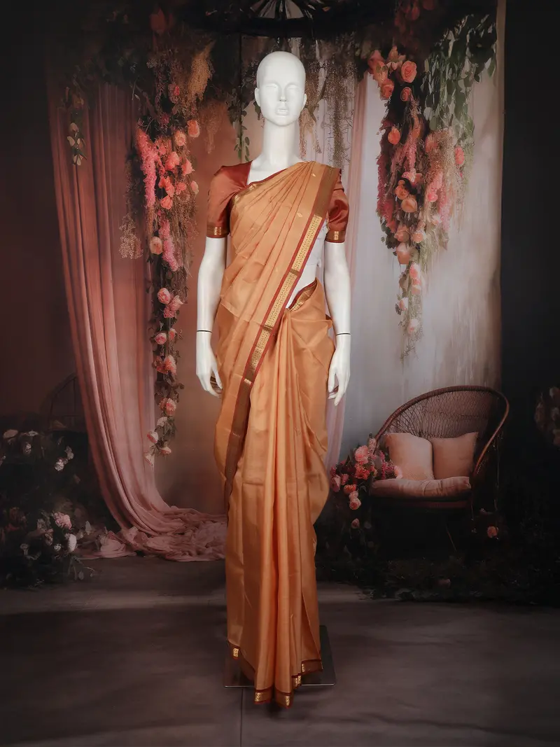 Peach Diamond Woven Kanchipuram Silk Saree With Gold Zari Border 1