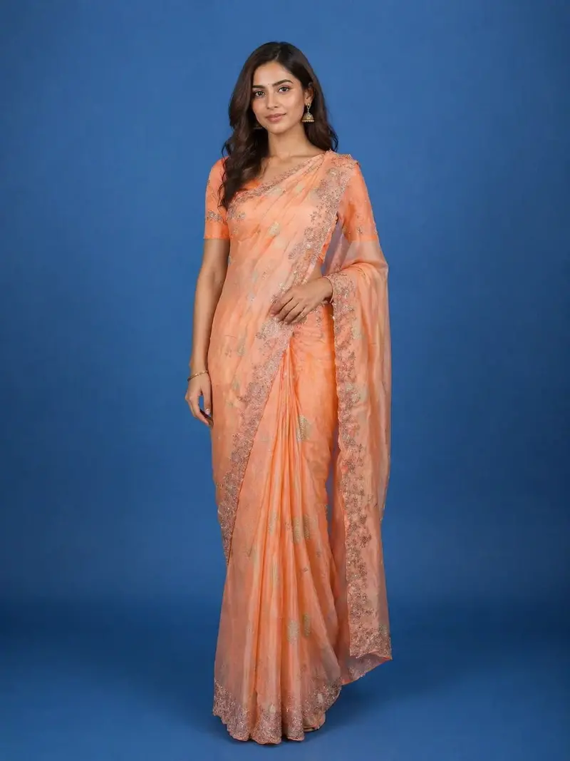 Peach Floral Design Satin Saree 1