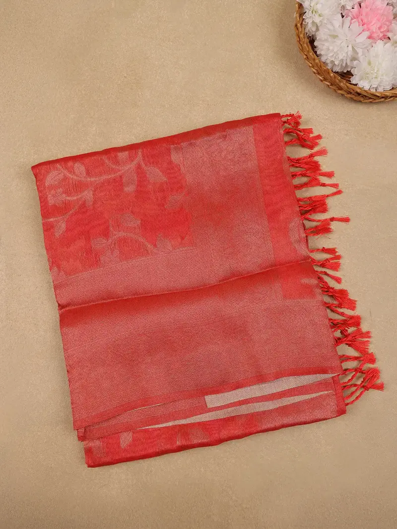 Peach Floral Design Tissue Silk Saree 1