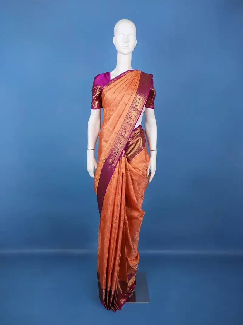 Peach Floral Design Woven Pure Kanchipuram Silk Saree With Zari Border 1