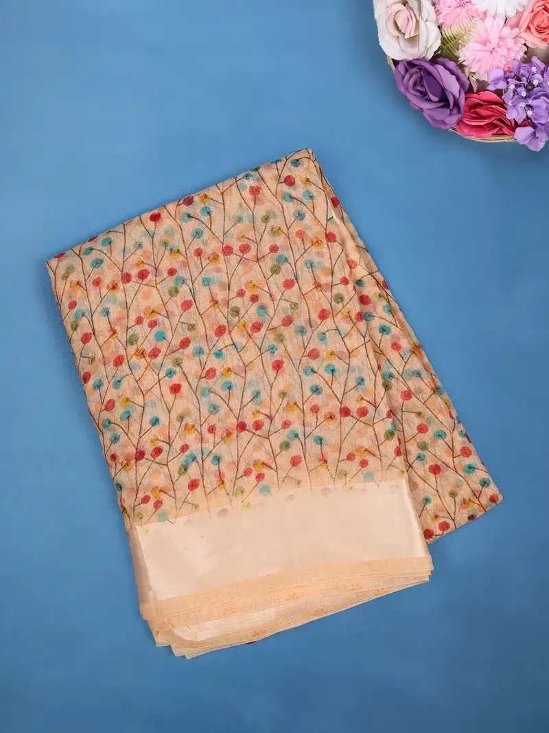 Peach Floral Designed Fancy Cotton Saree 1