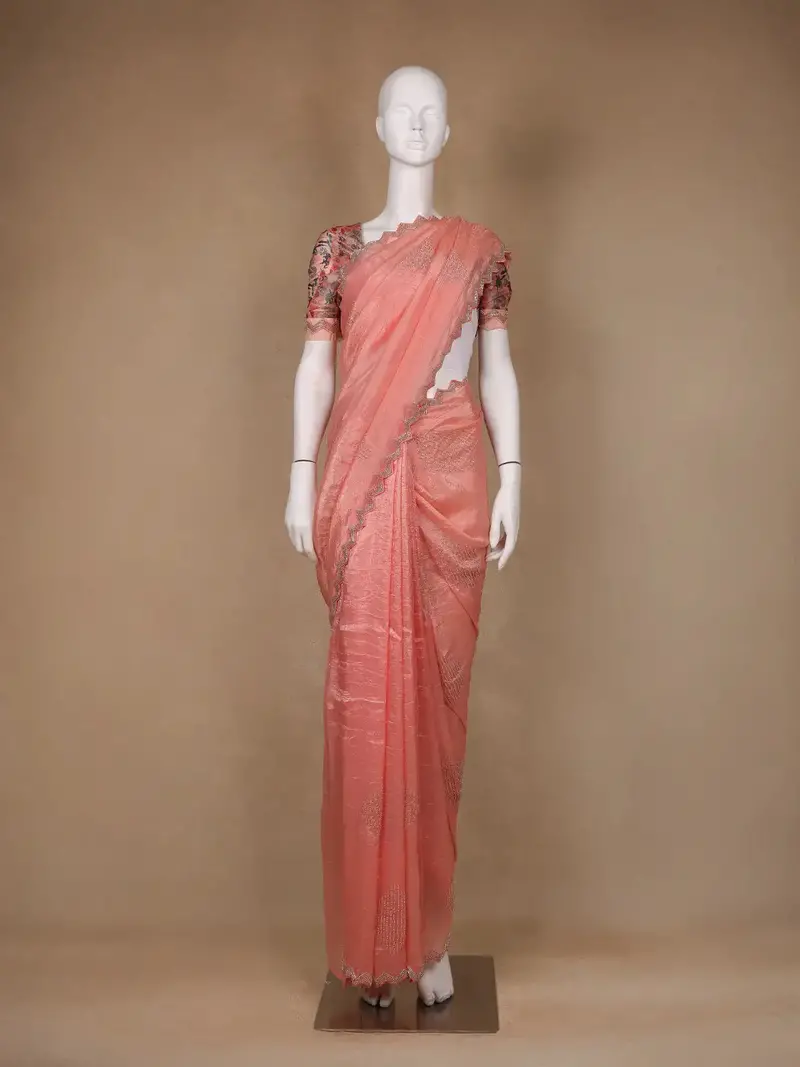 Peach Floral Designed Organza Designer Saree 1