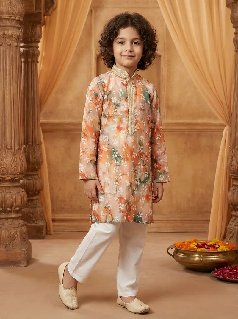 Peach Floral Digital Printed Design Cotton Kids Kurta Set 1