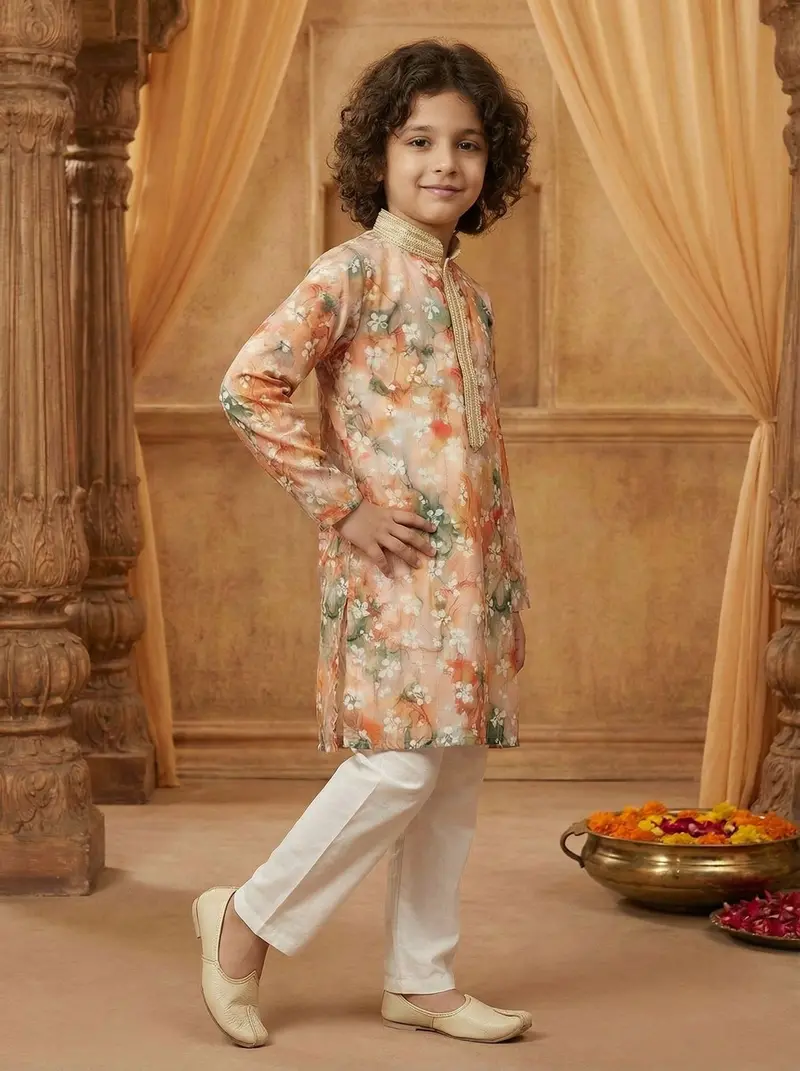 Peach Floral Digital Printed Design Cotton Kids Kurta Set 2