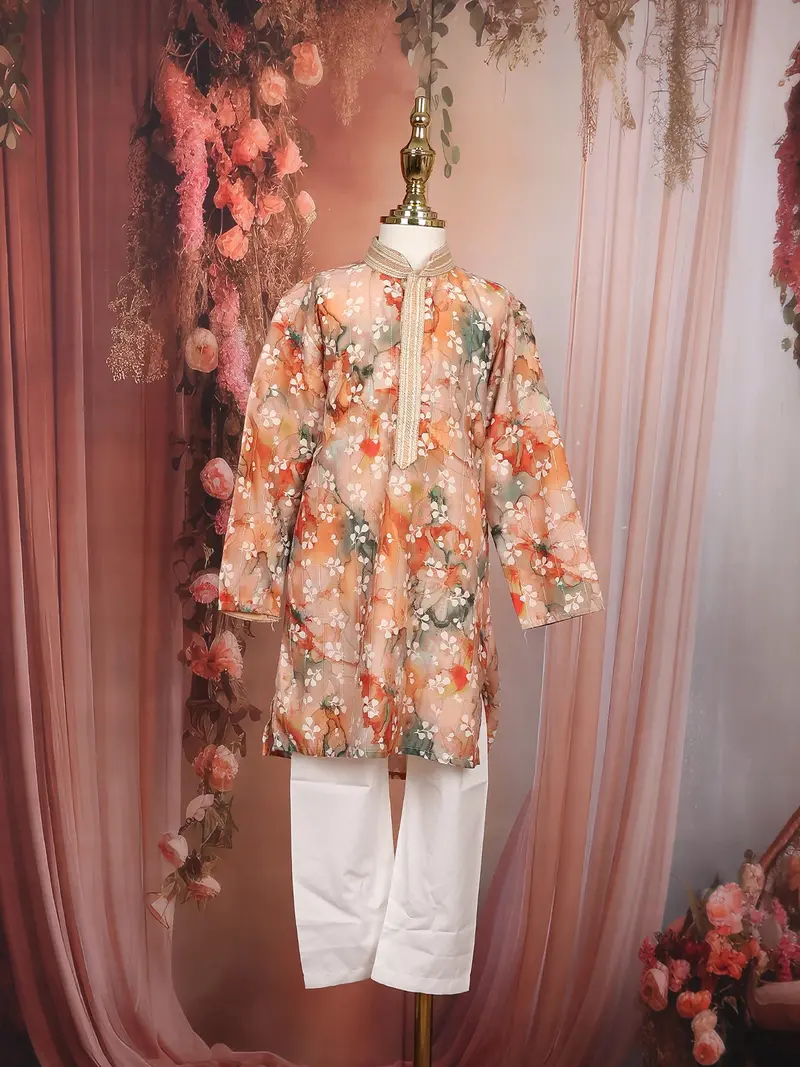 Peach Floral Digital Printed Design Cotton Kids Kurta Set 3
