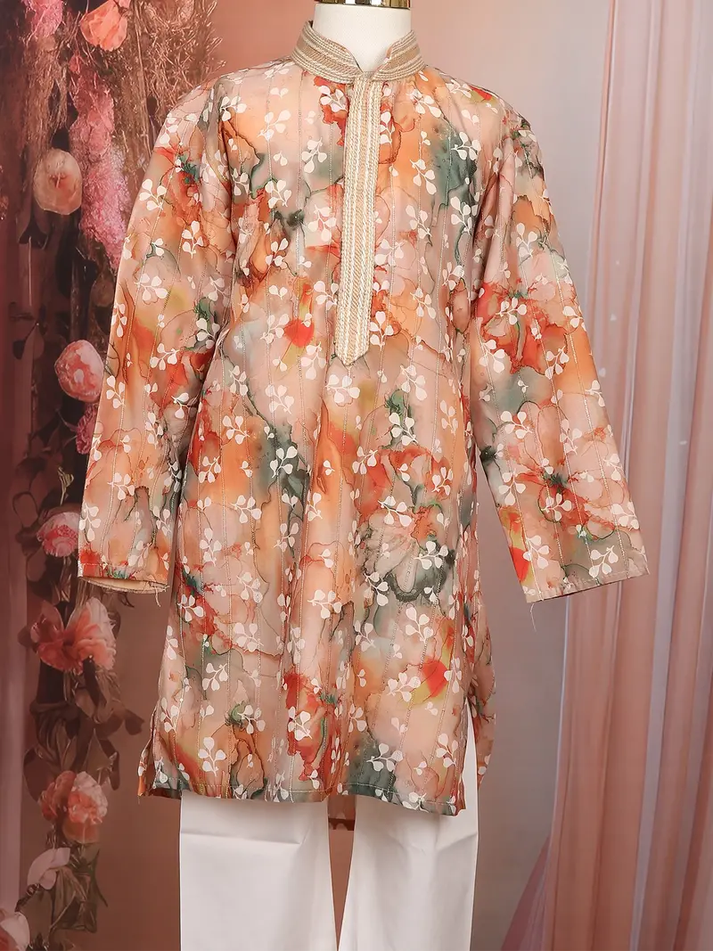 Peach Floral Digital Printed Design Cotton Kids Kurta Set 4