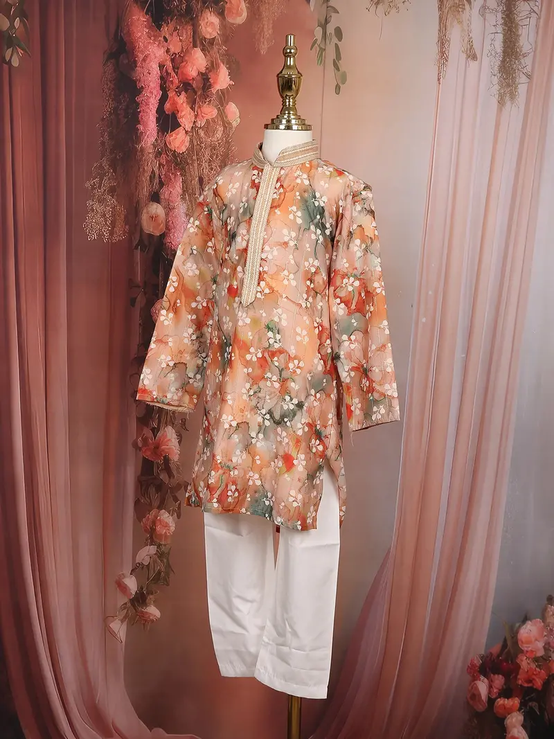 Peach Floral Digital Printed Design Cotton Kids Kurta Set 7