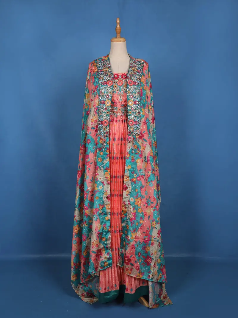 Peach Floral Embroidered Crepe Lehenga 1