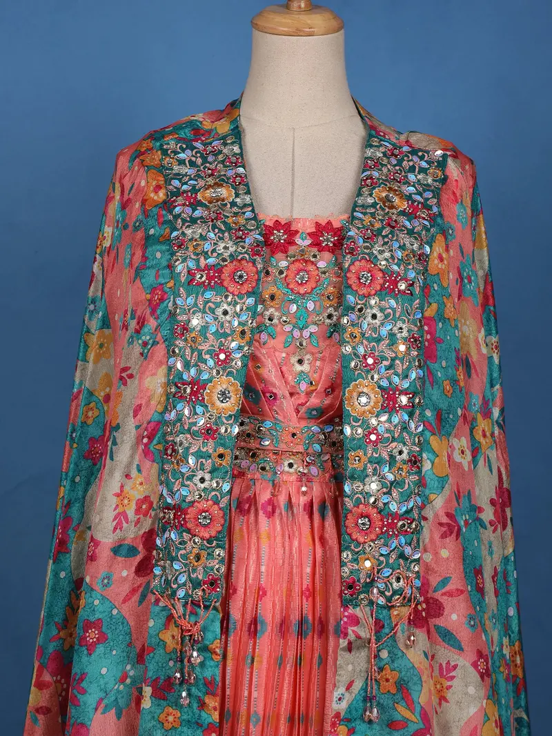 Peach Floral Embroidered Crepe Lehenga 2
