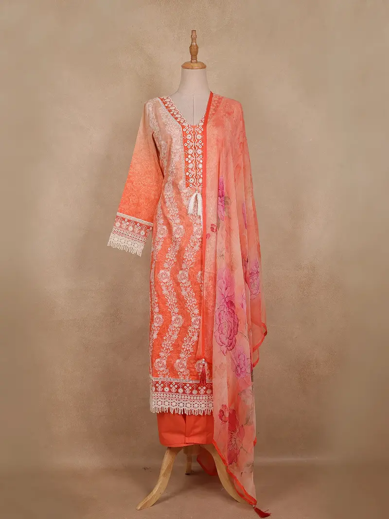 Peach Floral Embroidered Design Cotton Straight Cut Salwar Suit 1