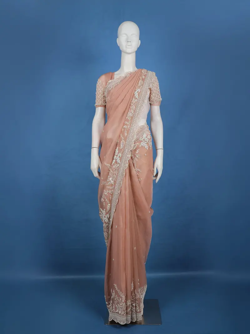 Peach Floral Embroidered Design Net Organza Tissue Saree With Designer Blouse 1