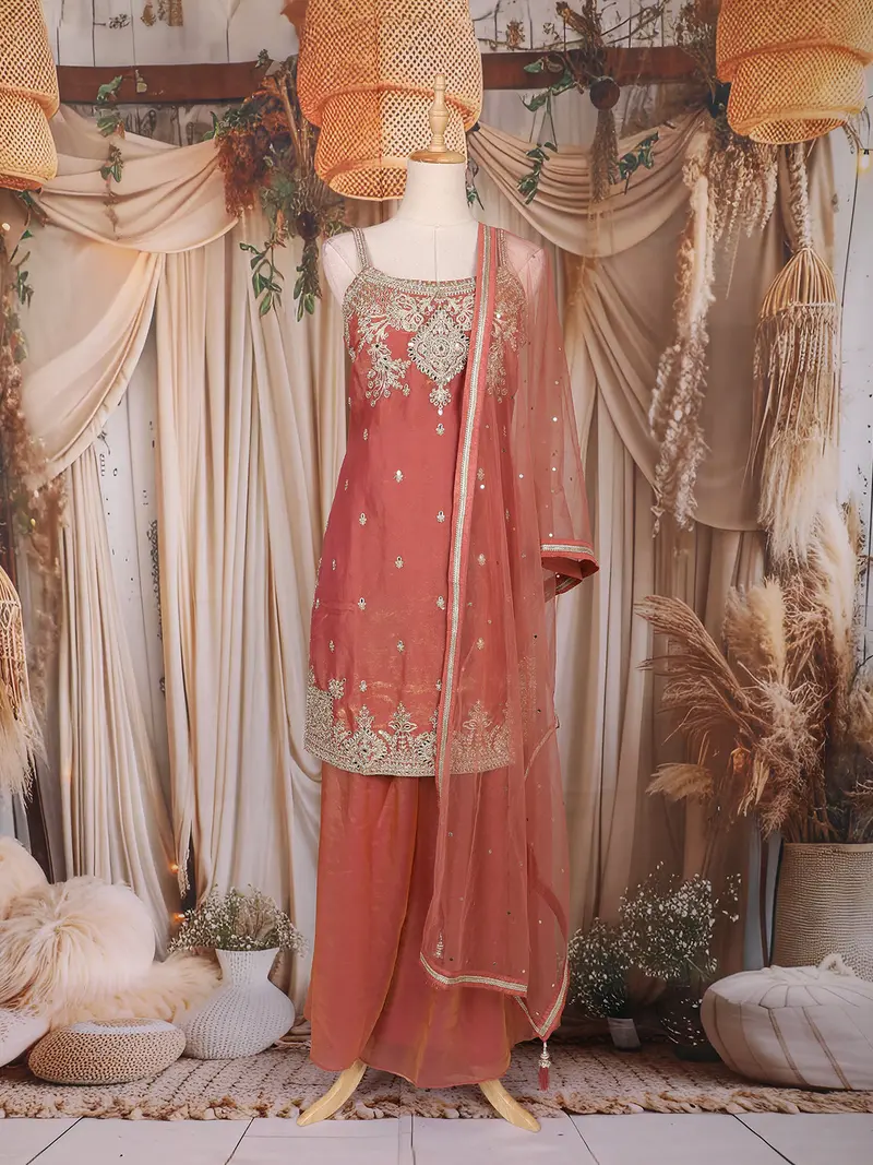 Peach Floral Embroidered Design Organza Palazzo Suit 1