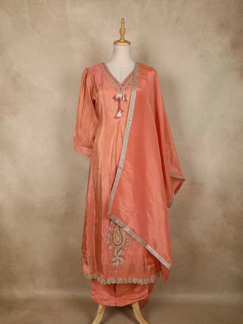 Peach Floral Embroidered Design Tissue Silk Anarkali Salwar Suit 1