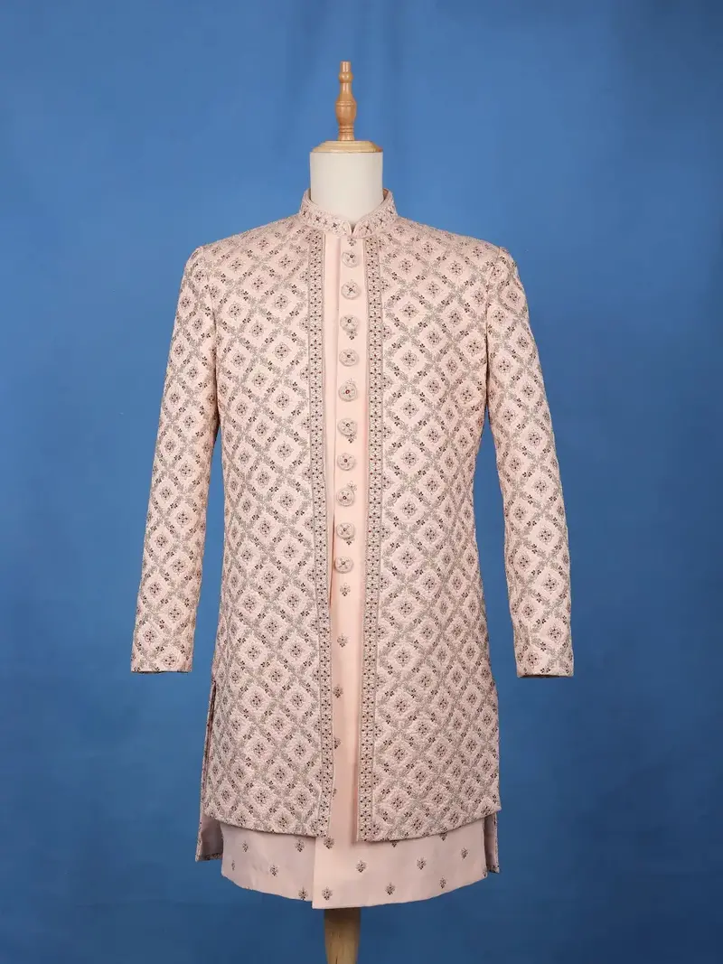 Peach Floral Embroidered Jacquard Sherwani Suit 1