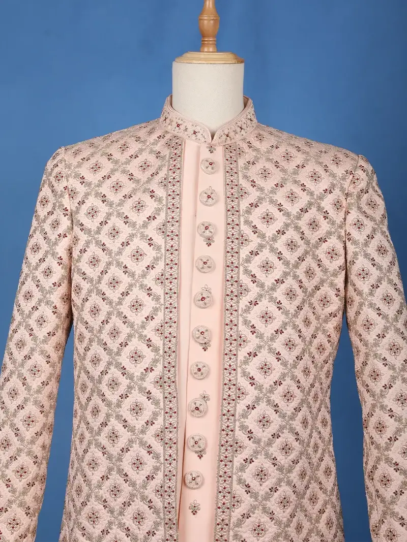 Peach Floral Embroidered Jacquard Sherwani Suit 2