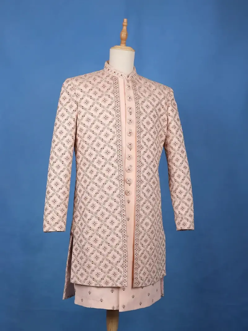 Peach Floral Embroidered Jacquard Sherwani Suit 3
