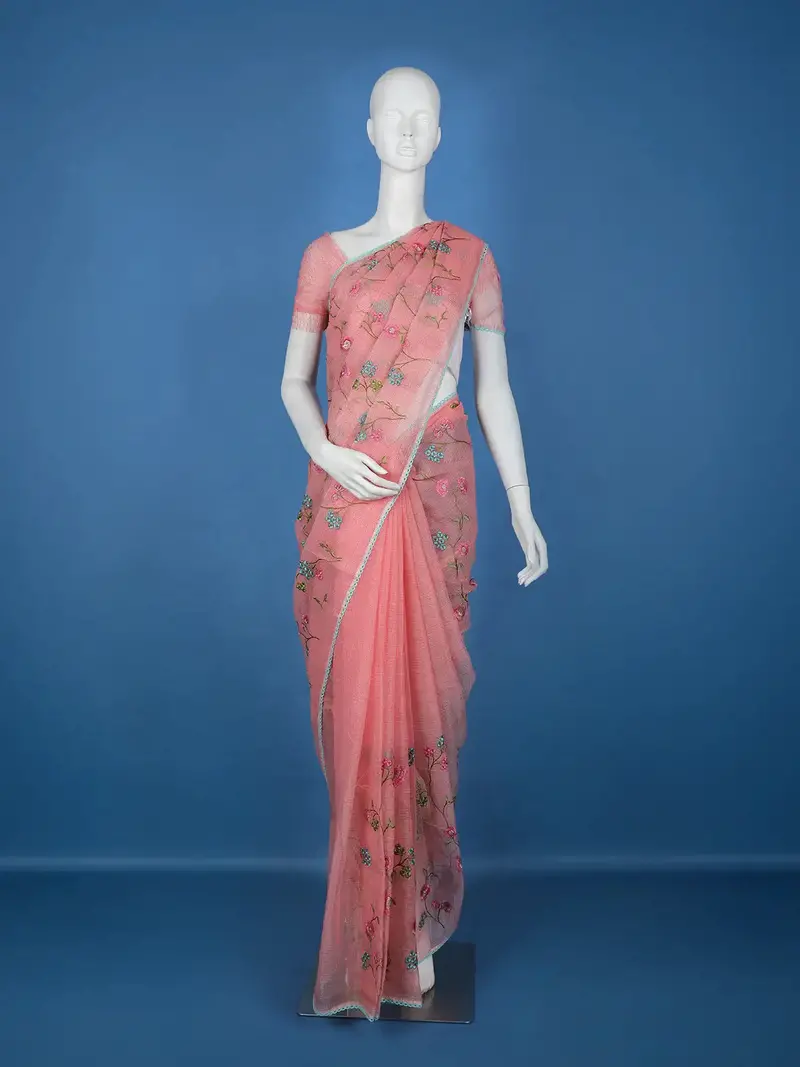 Peach Floral Embroidered Kota Cotton Saree 1