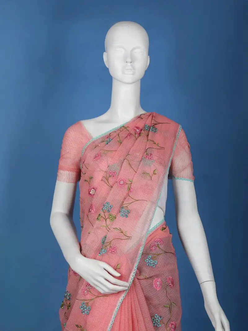 Peach Floral Embroidered Kota Cotton Saree 2