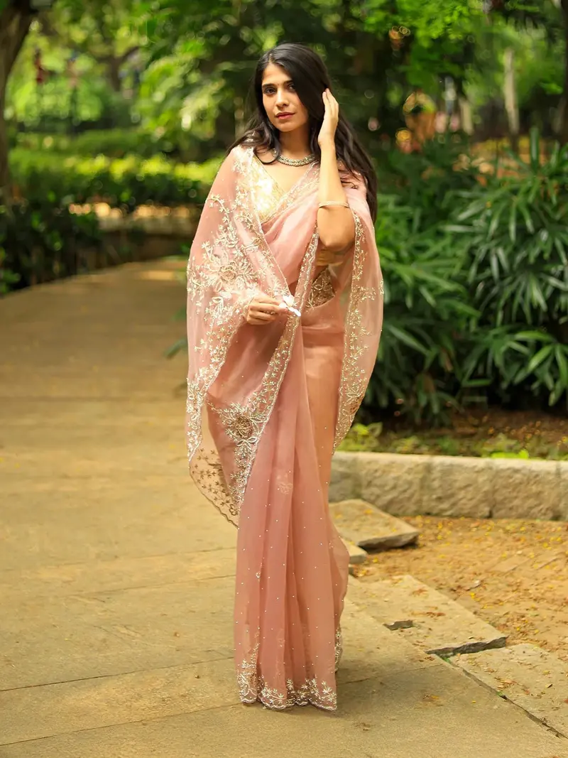 Peach Floral Embroidered Organza Designer Saree 1