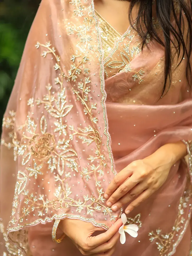 Peach Floral Embroidered Organza Designer Saree 2