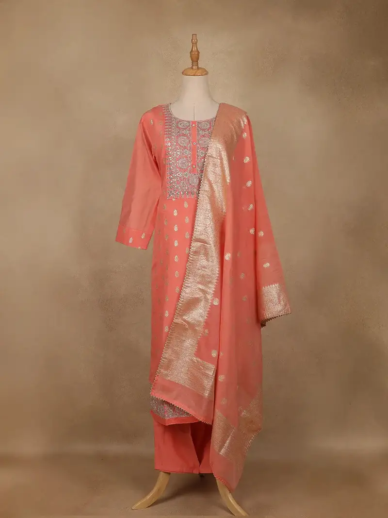 Peach Floral Embroidered Silk Salwar Suit 1