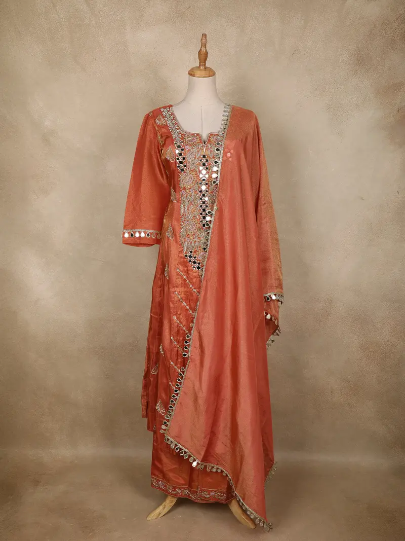 Peach Floral Embroidered Tissue Silk Palazzo Suit With Dupatta 1