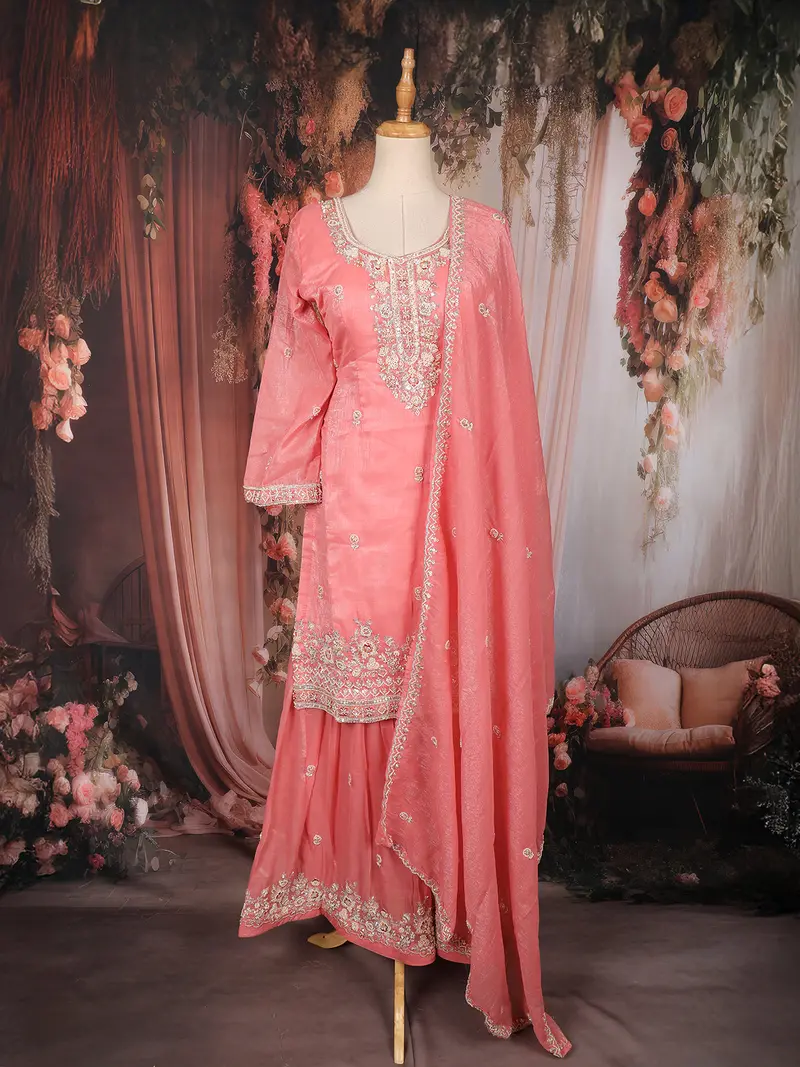 Peach Floral Embroidered Tissue Silk Sharara Suit With Dupatta 1