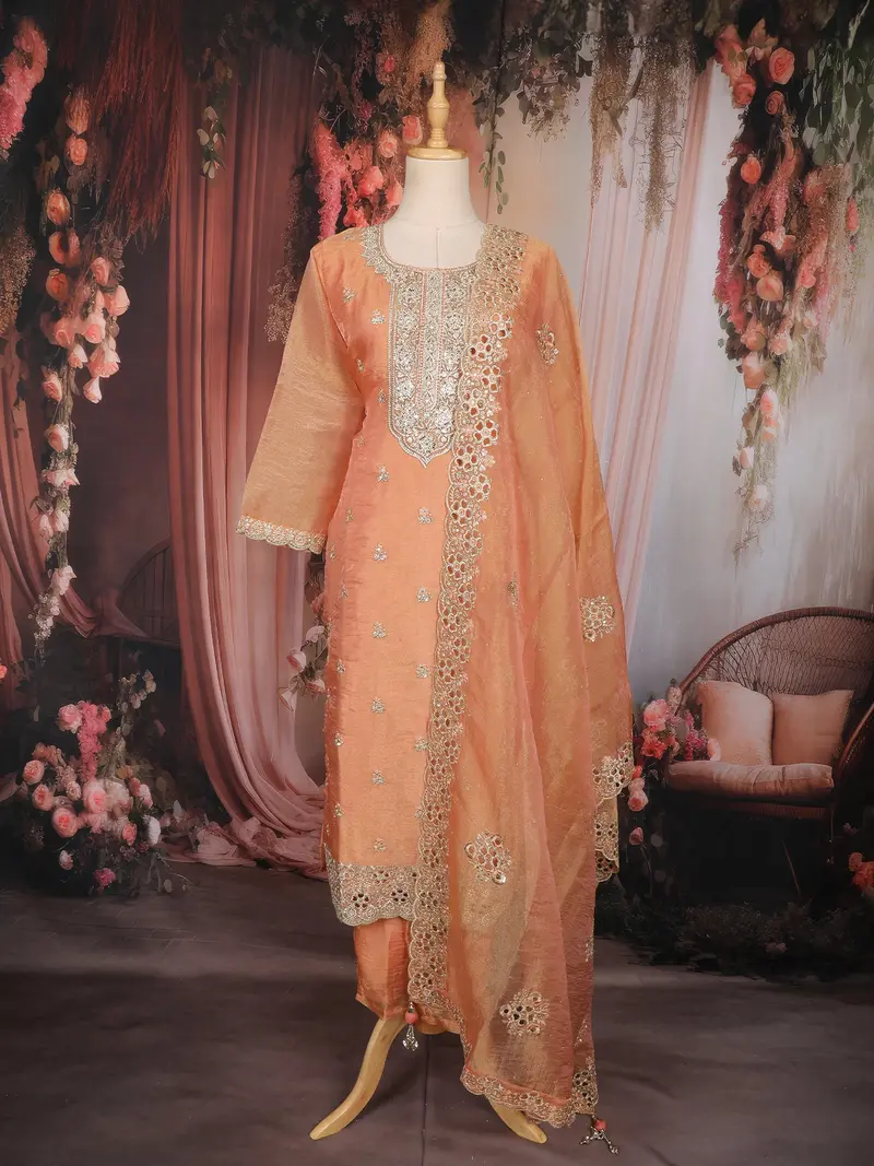 Peach Floral Embroidered Tissue Silk Straight Cut Salwar Suit With Dupatta 1