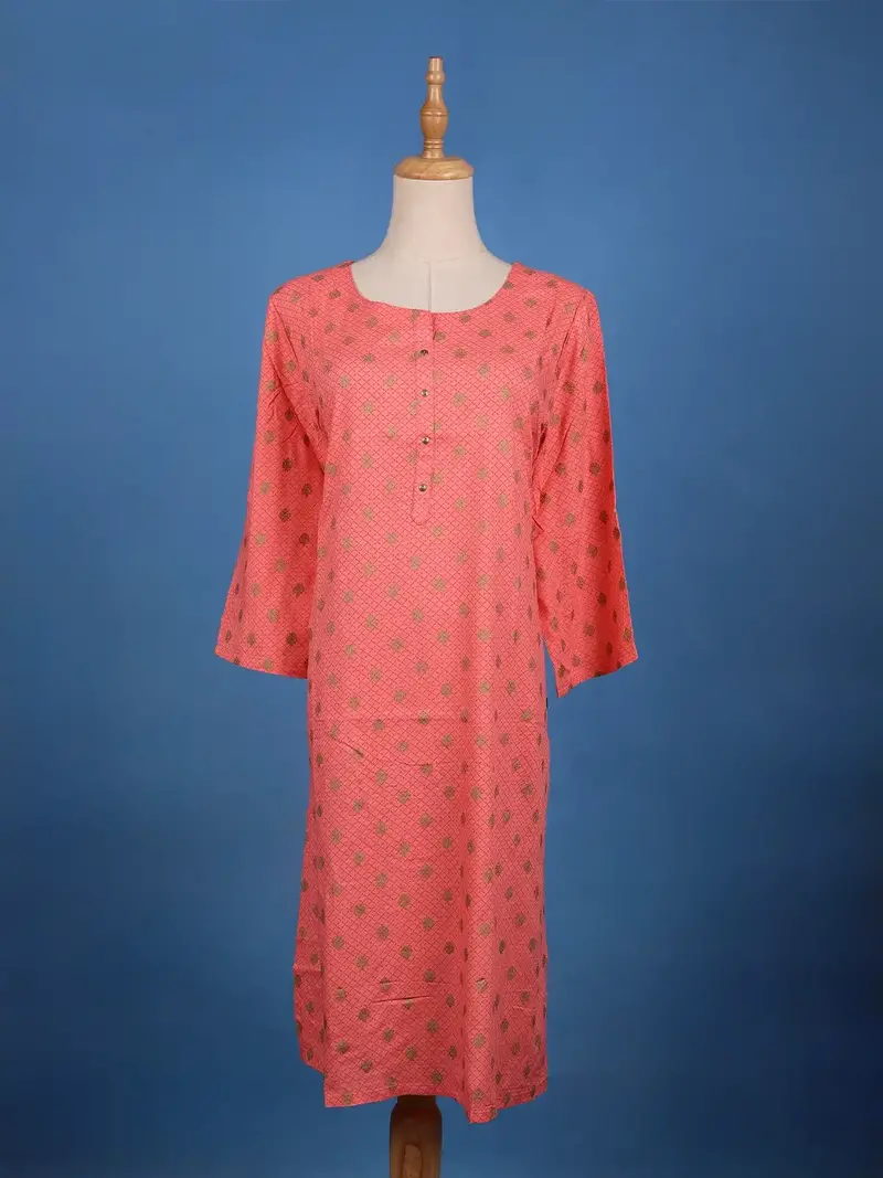 Peach Floral Geometric Design Printed Cotton Kurti 1