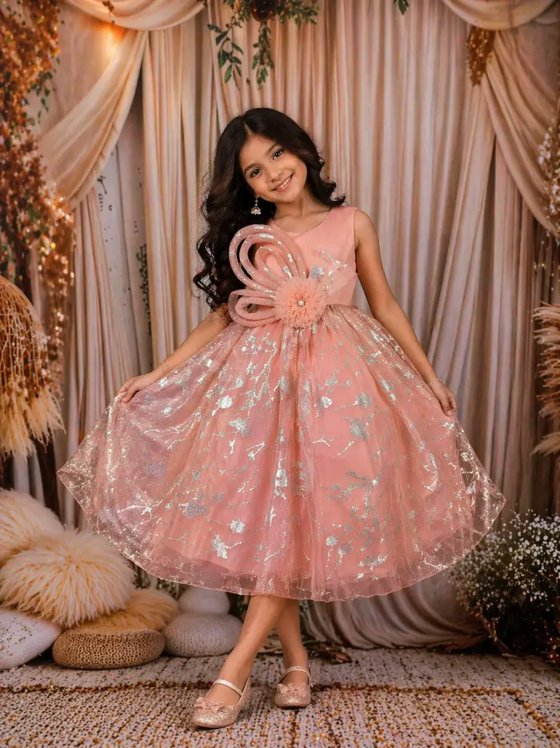Peach Floral Glitter Design Net Kids Gown With Oversized Bow Detailing 1