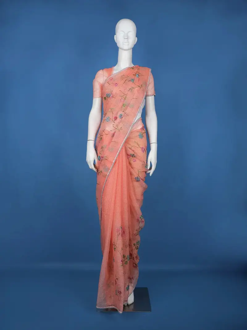 Peach Floral Motif Embroidered Chandheri Cotton Saree 1