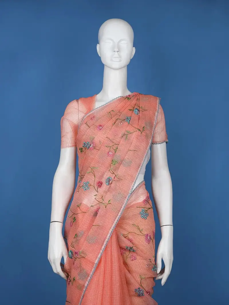 Peach Floral Motif Embroidered Chandheri Cotton Saree 2