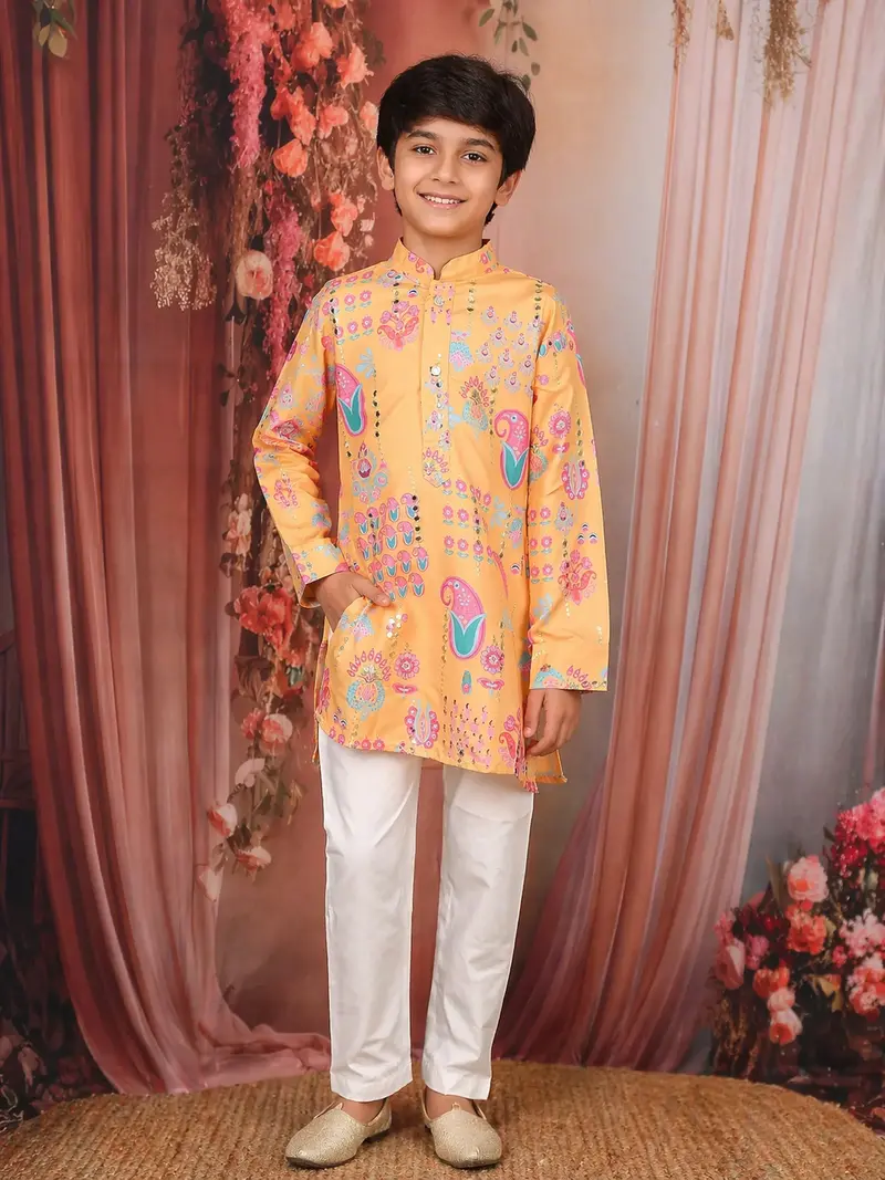 Peach Floral Motif Printed Kids Cotton Kurta Set 1