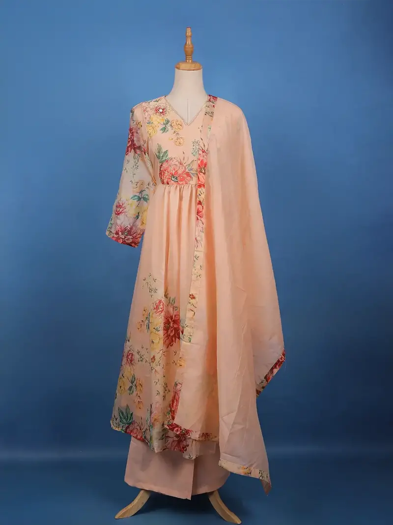 Peach Floral Printed Cotton Anarkali Salwar Suit Set 1