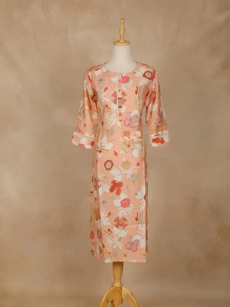 Peach Floral Printed Cotton Kurti 1