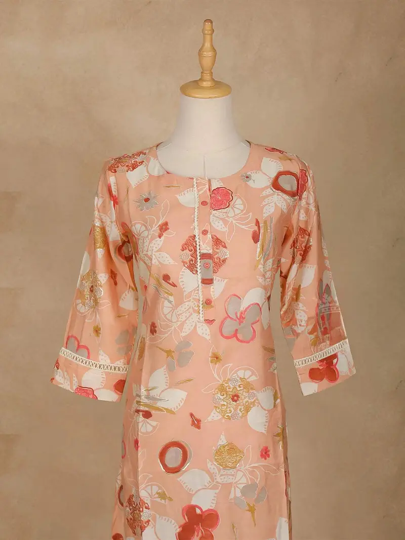 Peach Floral Printed Cotton Kurti 2