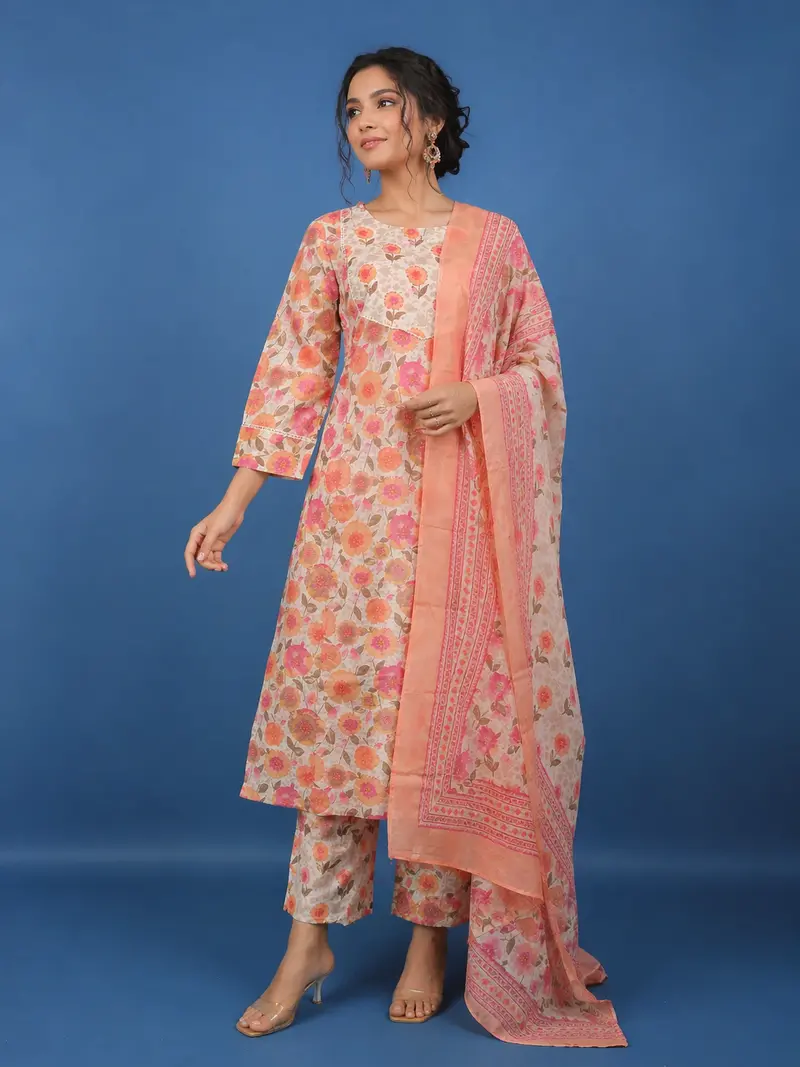 Peach Floral Printed Cotton Salwar Suit Set With Dupatta 1