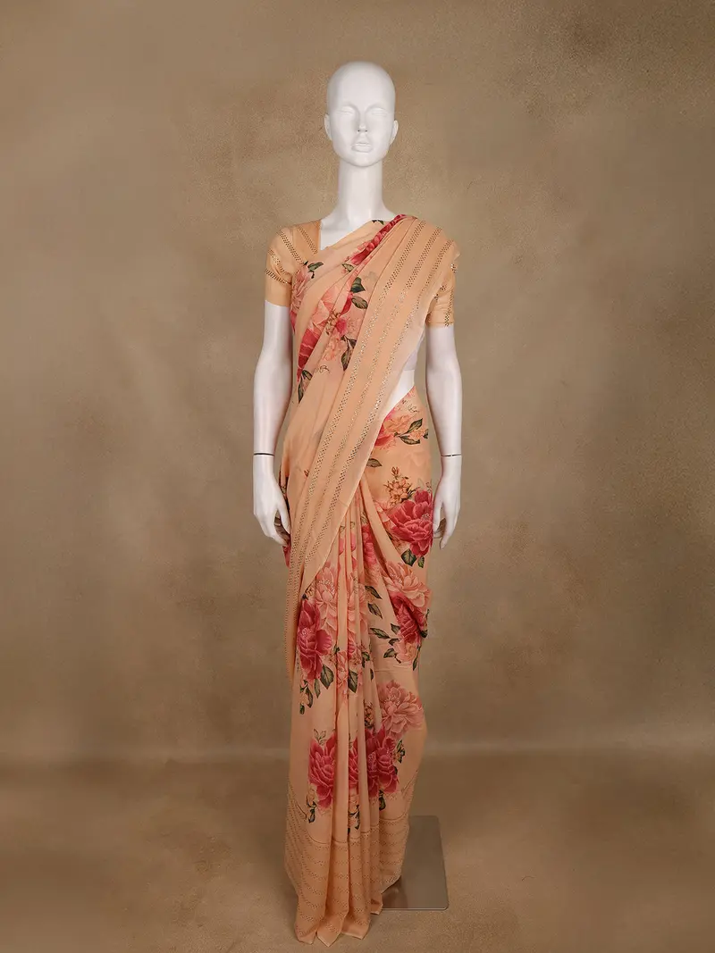Peach Floral Printed Design Georgette Saree 1