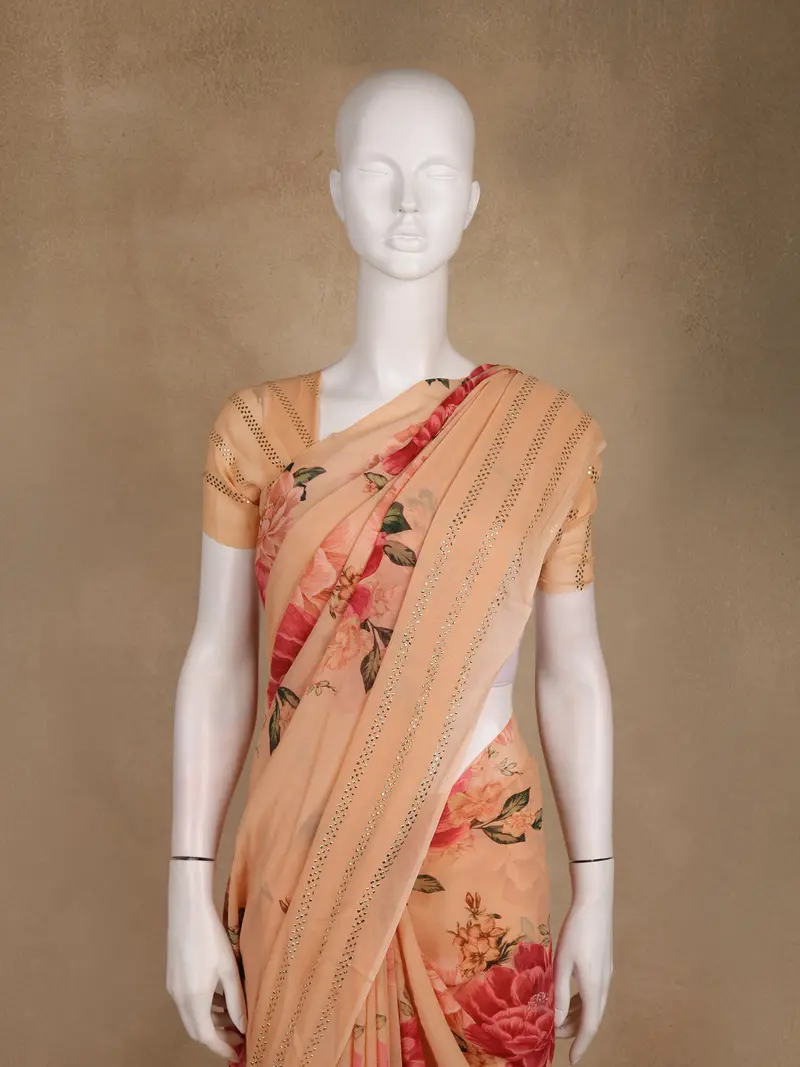 Peach Floral Printed Design Georgette Saree 2