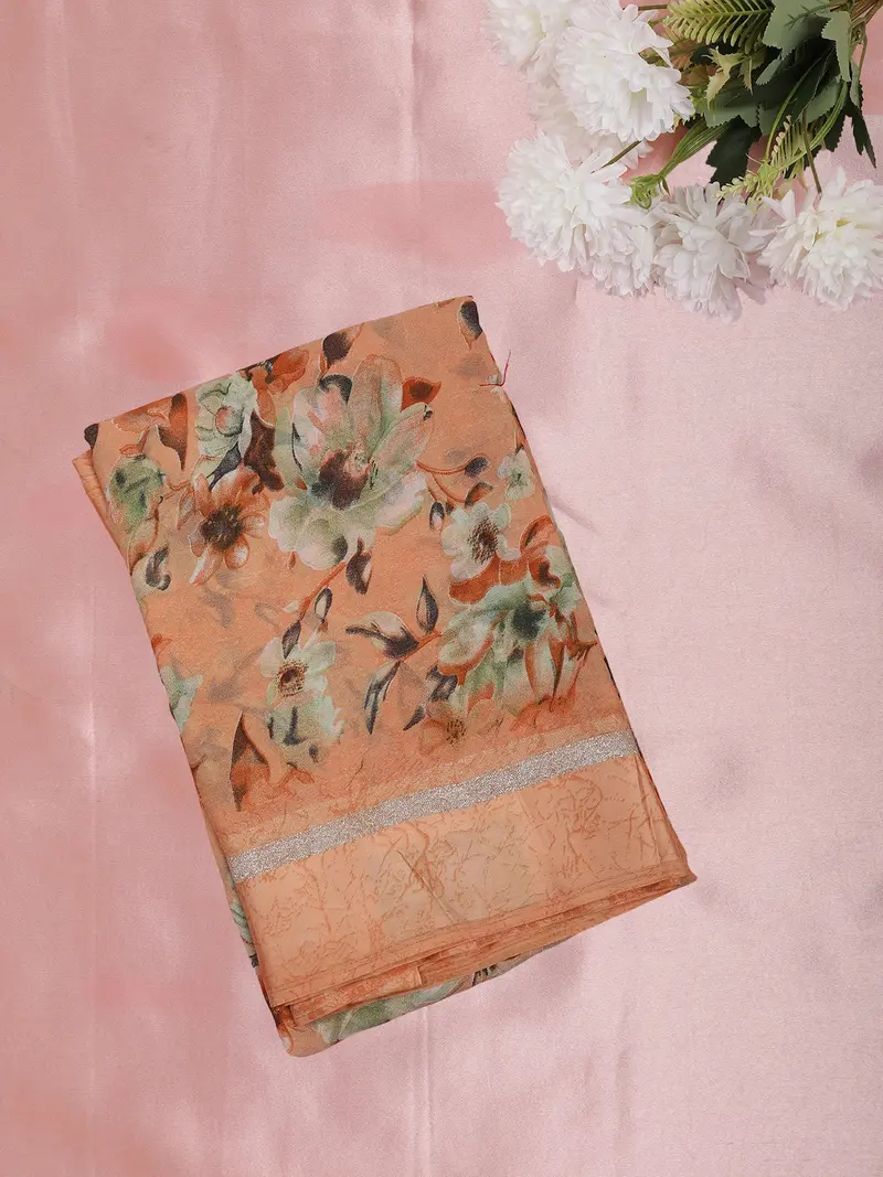 Peach Floral Printed Design Mixed Cotton Saree 1