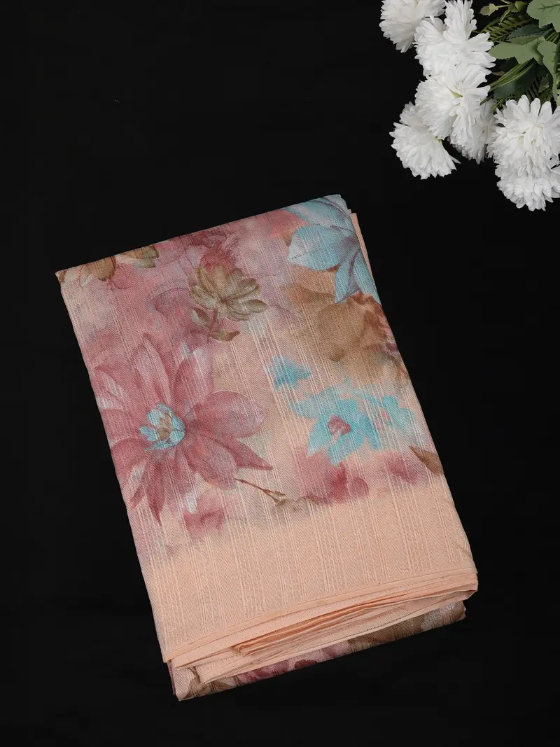 Peach Floral Printed Design Mixed Cotton Saree 1