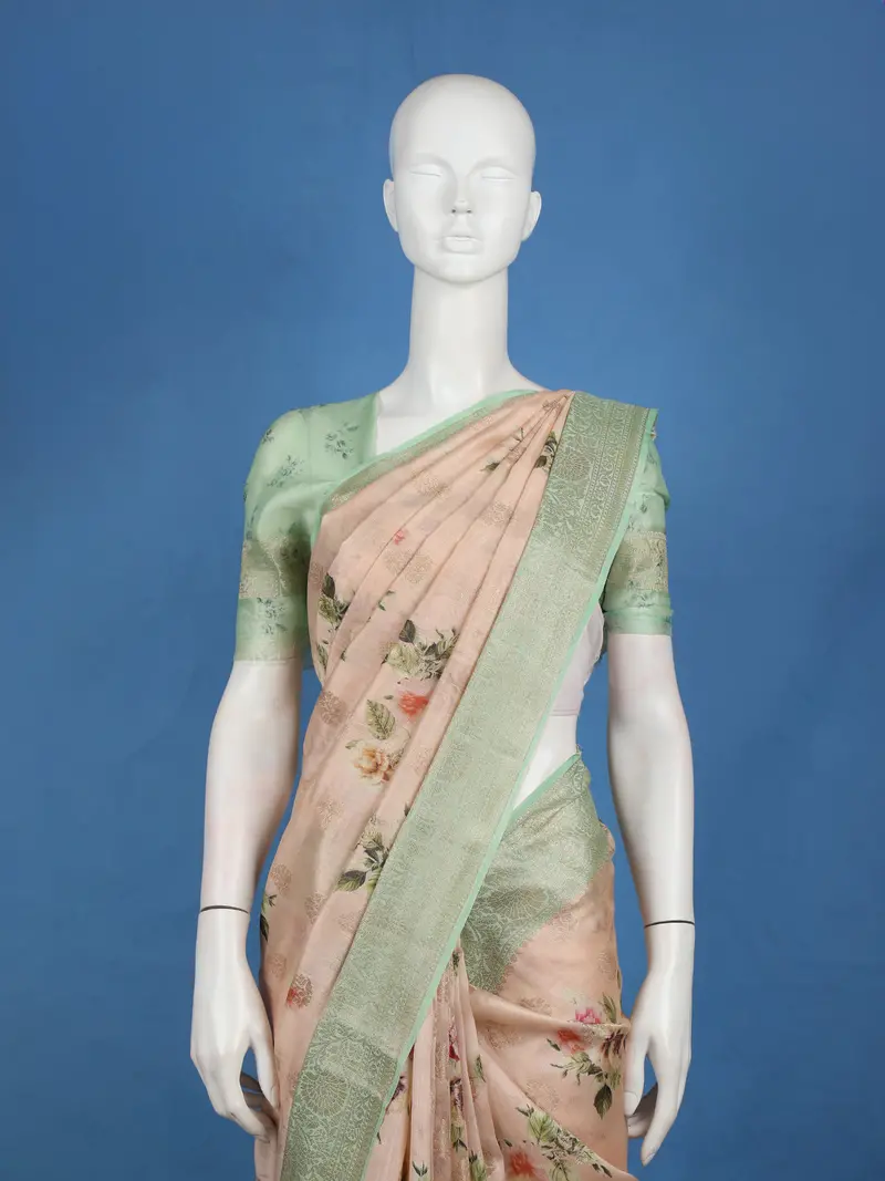 Peach Floral Printed Design Tussar Saree 2