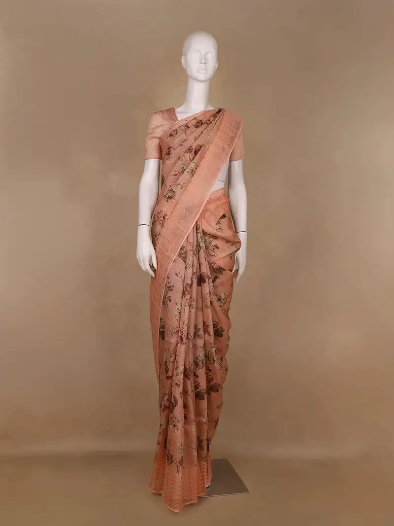 Peach Floral Printed Pura Tussar Silk Saree 1