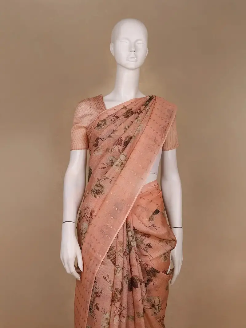 Peach Floral Printed Pura Tussar Silk Saree 2